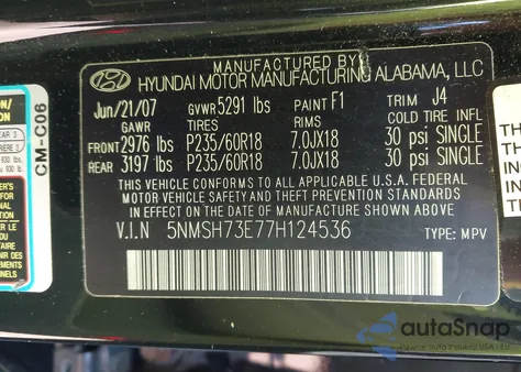 2007 Hyundai Santa Fe Limited/Se из США, поврежденный, VIN 5NMSH73E77H124536